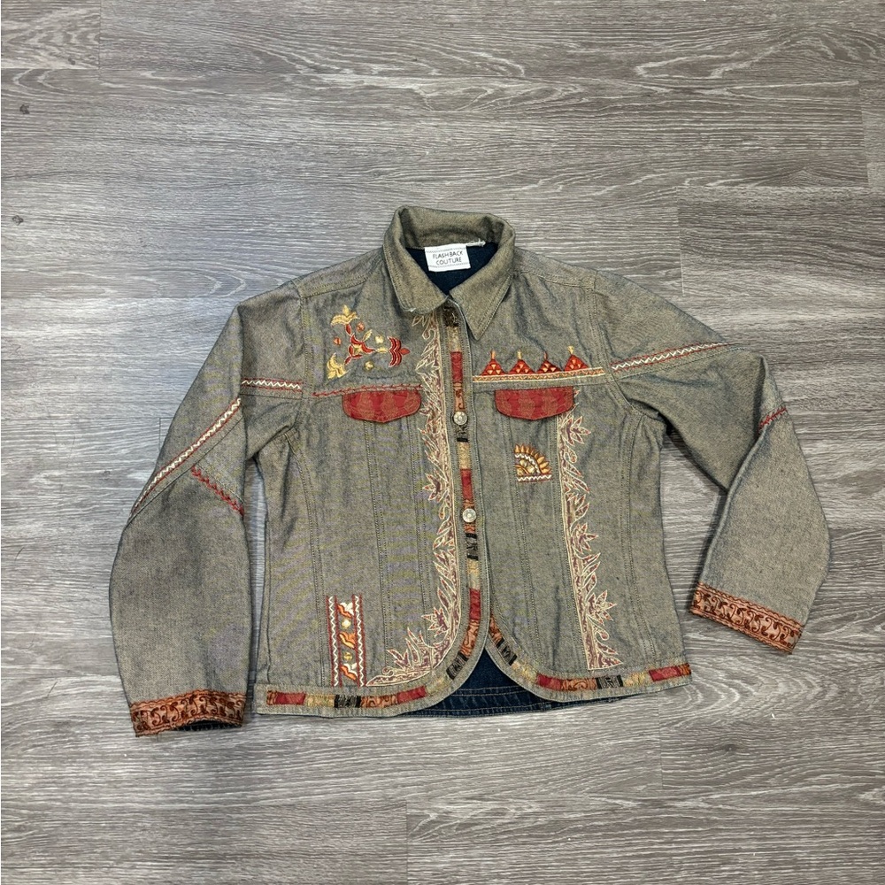 Embroidered Patchwork Jean Jacket - image 7